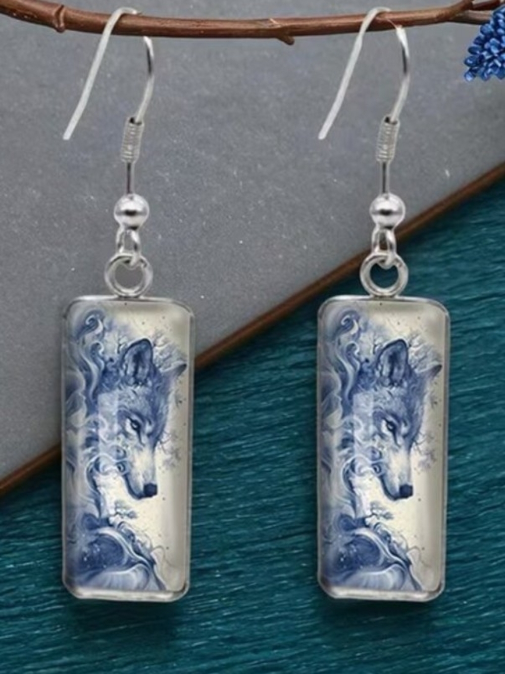 Wolf Portrait Rectangle Dangle Earrings - Blue and Silver